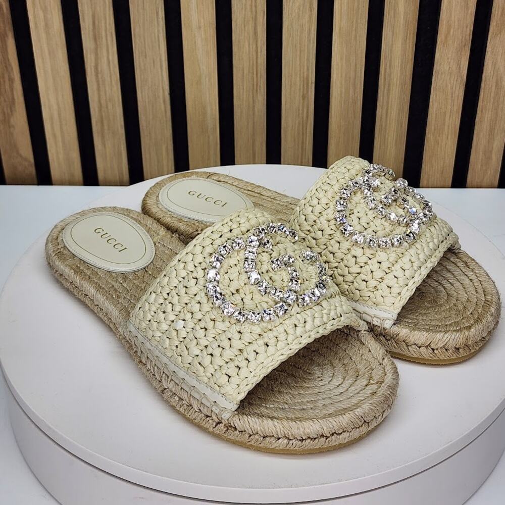 NEW - Gucci Raffia Cora Crystal GG Logo Espadrille Slides Sandals - Size EU 38